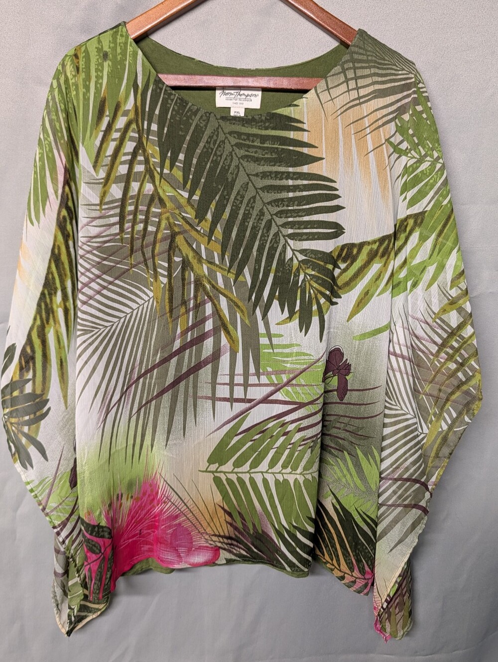 Norm Thompson Green Palm-Print Blouse Size PXL / Petite XL